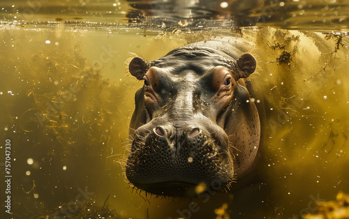 Hippo diving in dirty water. Generative AI © Nipawan