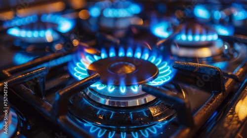  a gas stove with blue flames photo