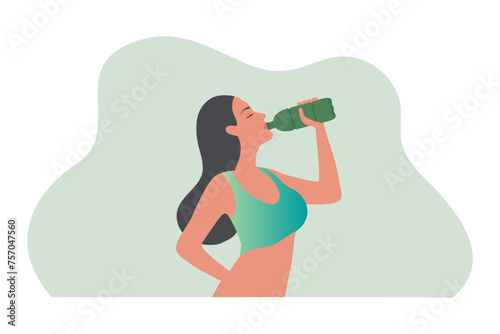 Healthy woman drinking water from plastic bottle vector illustration. Healthy lifestyle concept	