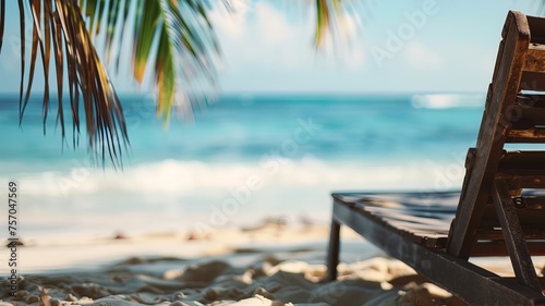 View of the sea from the sandy coastline, palm branch and sun lounger on the beach on a sunny day, vacation at sea