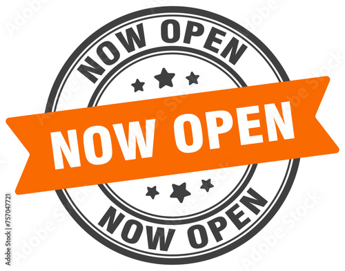now open stamp. now open label on transparent background. round sign