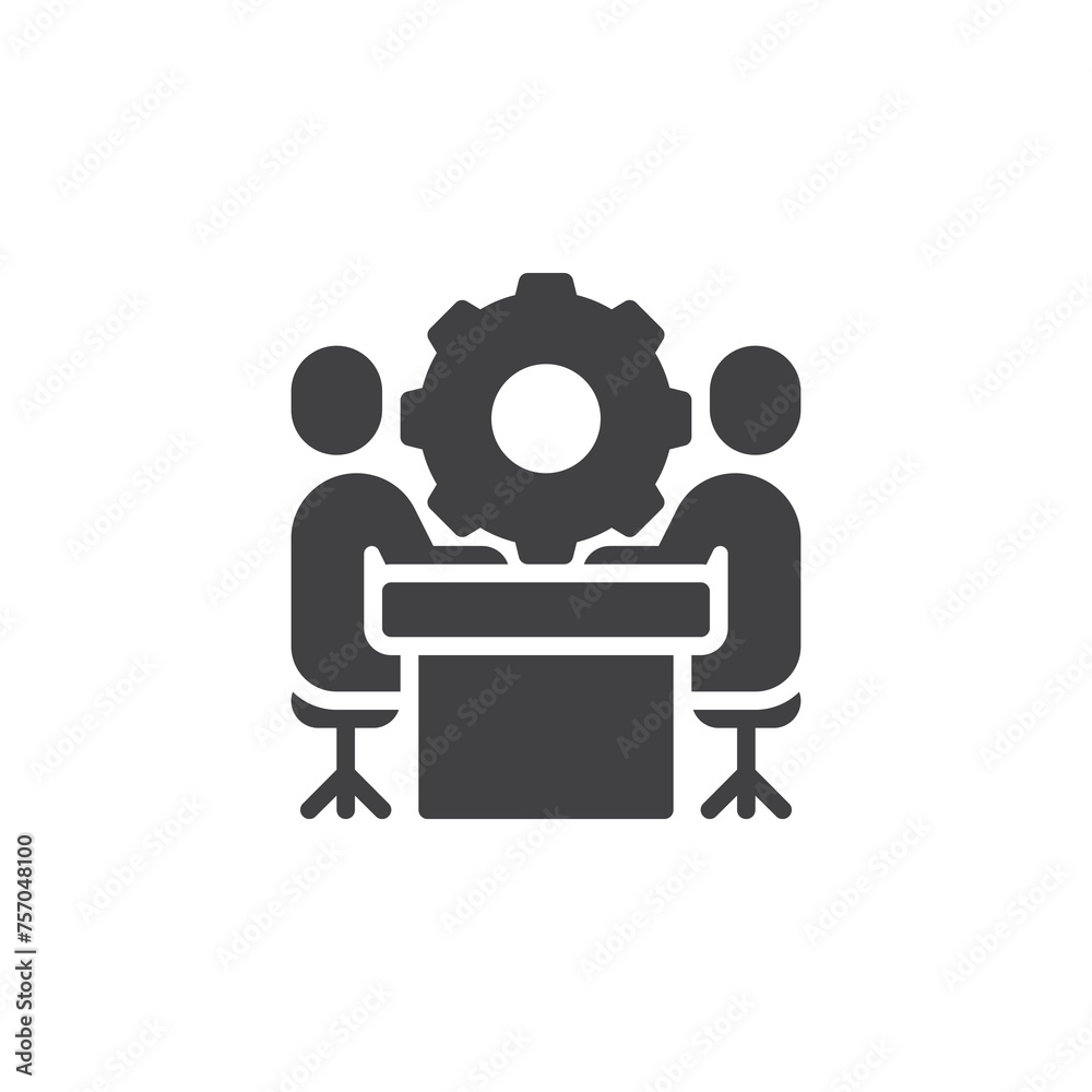 People sitting at table with gear vector icon