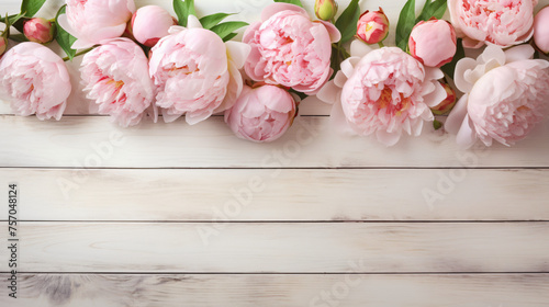 Beautiful peony roses on light wooden background © franklin