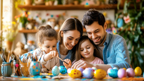 joyfully family painting Easter eggs at home. kids and parents prepare for Easter