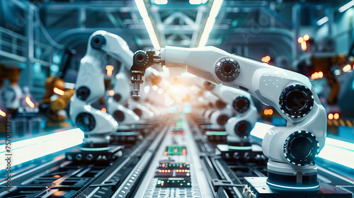 Modern Factory Automation with Robotic Arms, Industrial Manufacturing Process, Engineering and High-Tech Machinery