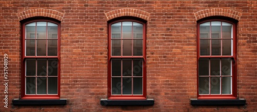 A series of brown windows adorning the facade of a brick building, showcasing intricate brickwork and composite material fixtures