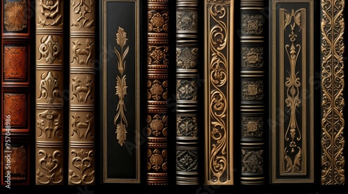 The intricate patterns on the spines of antique leather bound booksStudio shot luxurious design elegant simplicity photo