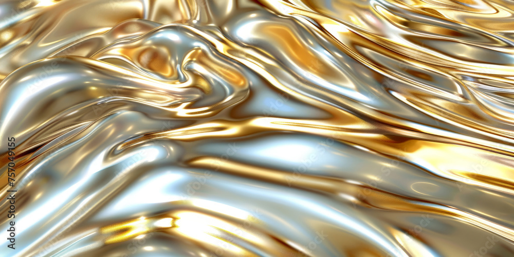 abstract gold liquid metal with iridescent fluid patterns ,banner, dark silver and light gold liquid fluid glossy gold , holographic texture wave background