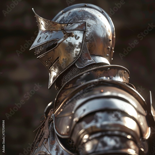 A side profile shot of a disabled knight in battle armor with a dramatic camera angle