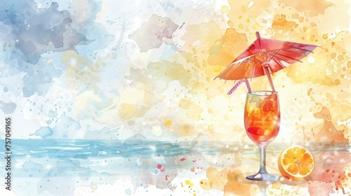 plage, été et cocktail au soleil, aquarelle sur le thème des vacances au bord de la mer, illustration ia générative photo