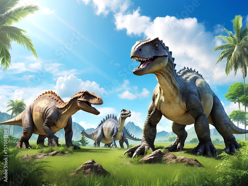 Dinosaurs in the Triassic period age in the green grass land and blue sky background, Habitat of dinosaur, history of world concept. © Muscan design