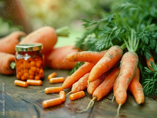 Beta-carotene  A cluster of vibrant orange carrots or a bottle of beta-carotene supplements photo