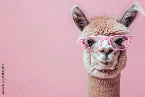 photo portrait of an alpaca in pink glasses on a pastel pink background. There is empty space for text on the left