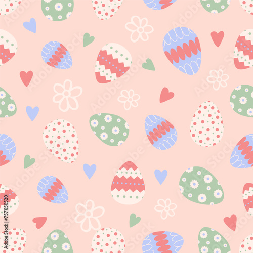 Cute Easter seamless pattern with bunnies, flowers, easter eggs.Beautiful background, great for Easter Cards, banner, textiles, wallpapers.Vector design