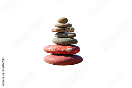 Rock zen pyramid of colorful pebbles on a beach on the background of the sea. Concept of Life balance, harmony and meditation isolated on a Transparent background. Generative AI