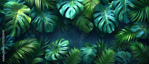 Exotic plants background for banners  prints  decor  wall art. Green tropical forest wallpaper of monstera leaves  palm leaves  branches in hand drawn pattern.