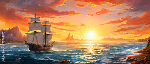 Fantasy Oil painting sunset sea landscape with ship 