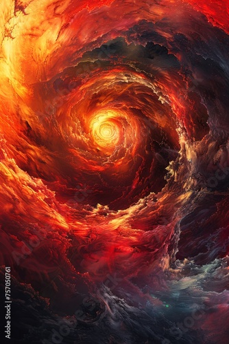 A swirling vortex of fiery red and orange hues engulfing a digital landscape