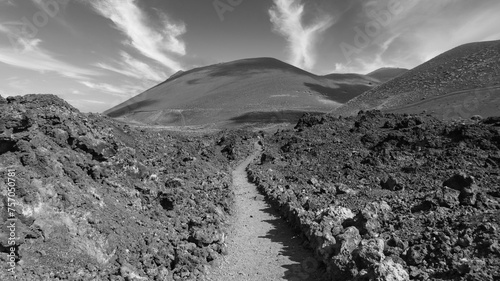 black and white image of volcanic landscape with volcanic rocks, la palma, canary islands