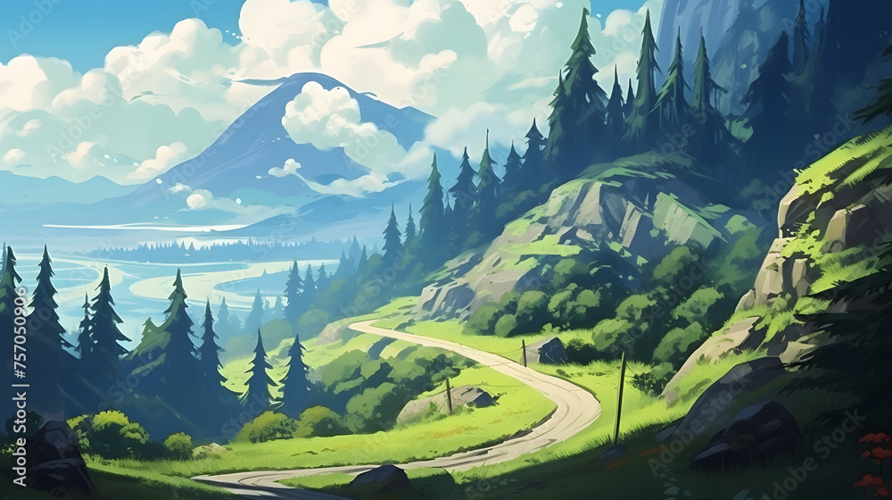 road on the edge of a mountain illustration - obrazy, fototapety, plakaty 
