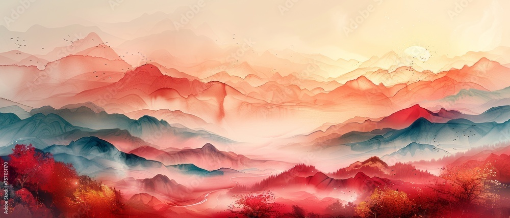 A watercolor brush and golden line texture are used in the design of this Oriental Luxury landscape background modern. Perfect for wallpaper, wall art, and home decor art...
