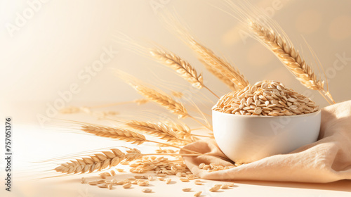 Bowl of dry oat flakes with ears of wheat on light background © franklin