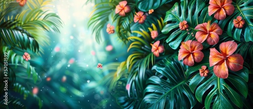 A tropical foliage art background modern. Abstract watercolor brush texture on palm, floral, and leaves. Canvas art suitable for wallpaper, wall art, prints, fabric, pattern, and packaging.