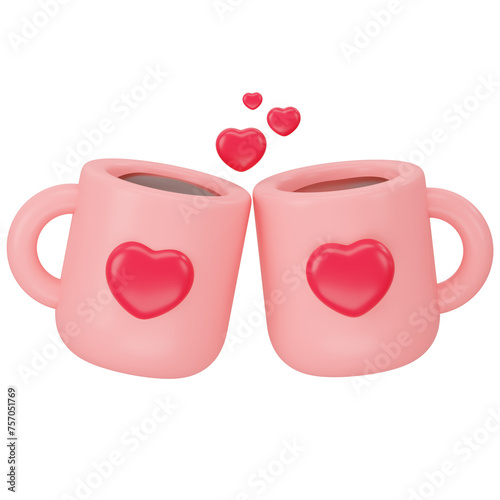 Two Coffee with heart mug 3d icon rendering