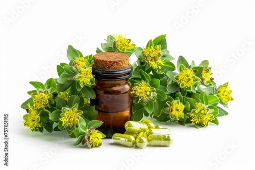 Rhodiola Rosea Extract  A cluster of Rhodiola rosea flowers or a bottle of herbal supplement capsules symbolizing its traditional use in improving stamina photo
