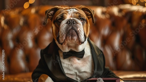 An English Bulldog in a tuxedo patiently waiting with a velvet ring box © ItziesDesign