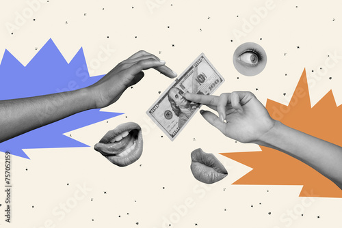 Composite 3d photo artwork graphics collage of two hands transfer money cash banknote hundred tax payment emotions eyes lips tongue isolated on painted background