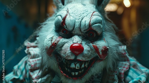 Close-up shot of the scary clown rabbit zombies eerie smile with the camera angled slightly above its head