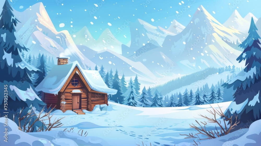 This modern illustration illustrates a wintery scene with a wooden house in a forest near mountains. The cabin, made of wood, is covered in snow in this wintery landscape.