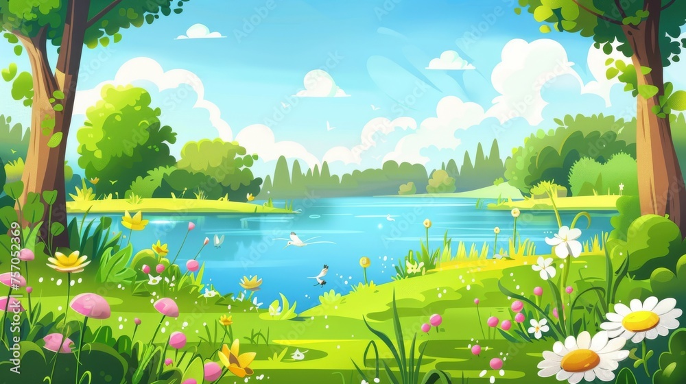 A modern illustration of the natural scenery in a summer landscape, featuring a lake with blue water, bushes, trees, a white cloudy sky, and bushes.