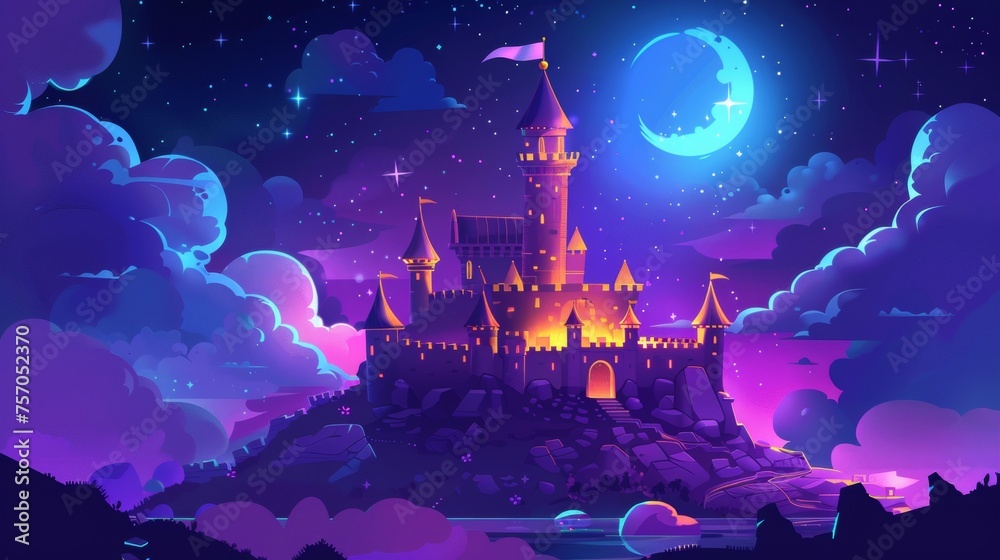 In an ancient fairytale palace, a flag stands on the tower under a starry sky with clouds and moonlight. Fantasy kingdom building at night. Cartoon modern painting.