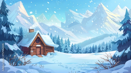 This modern illustration illustrates a wintery scene with a wooden house in a forest near mountains. The cabin, made of wood, is covered in snow in this wintery landscape. © Mark