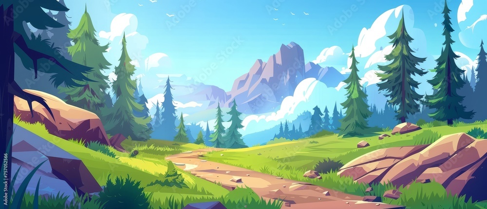 Forest with green pine trees and rocky mountains. Cartoon modern summer sunny landscape of grassy meadow with trees and trees.