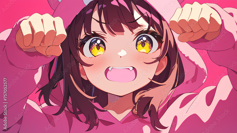 cute onesie pink costume anime girl doing roar pose