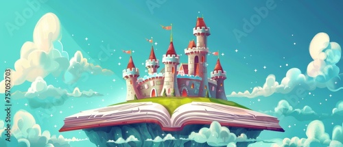 Illustration of fairytale castle with towers on green floating island with sparkling clouds, story about magic kingdom, reading fun concept with modern clipart.