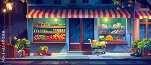 Building facade of supermarket building at night. Modern cartoon illustration showing grocery store window and entrance door, shopping cart full of groceries on pavement, fruit and vegetables for © Mark