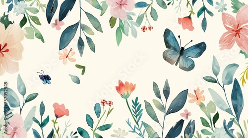 Floral art background modern illustration. Hand painted watercolors botanical flowers, leaves, insects, butterflies. Suitable for wallpaper, posters, banners, cards, print, web, and packaging. photo