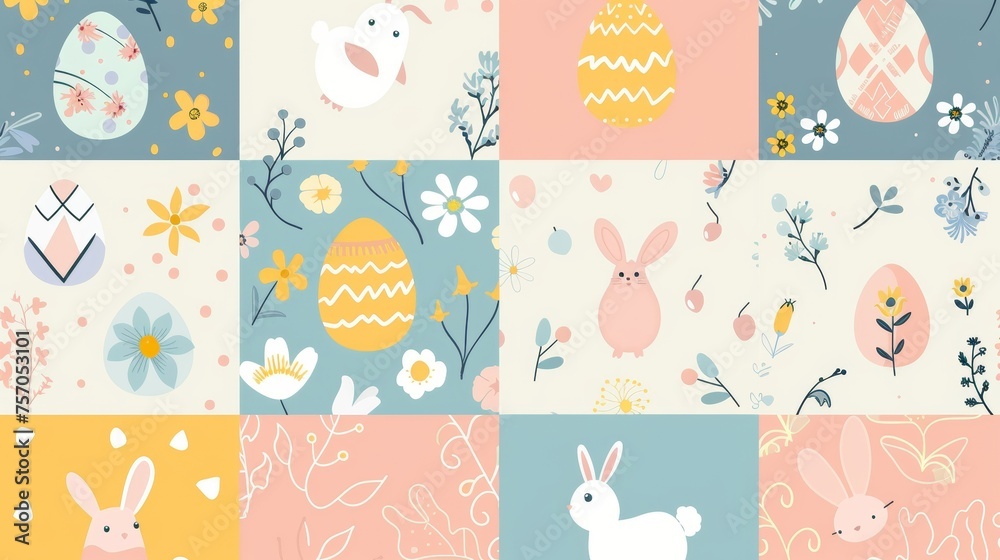 Modern seamless pattern of an easter egg with a flower, a rabbit, and a chick. Made to print on fabrics, wallpaper, covers, packaging, kids, or advertisements. Modern seamless pattern of an easter egg with a flower, a rabbit, and a chick. Made to print on fabrics, wallpaper, covers, packaging, kids, or advertisements.