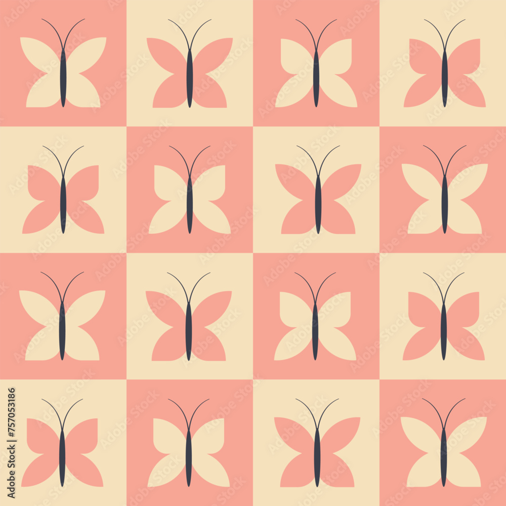 cute white and pink seamless pattern with butterflies arranged in squares