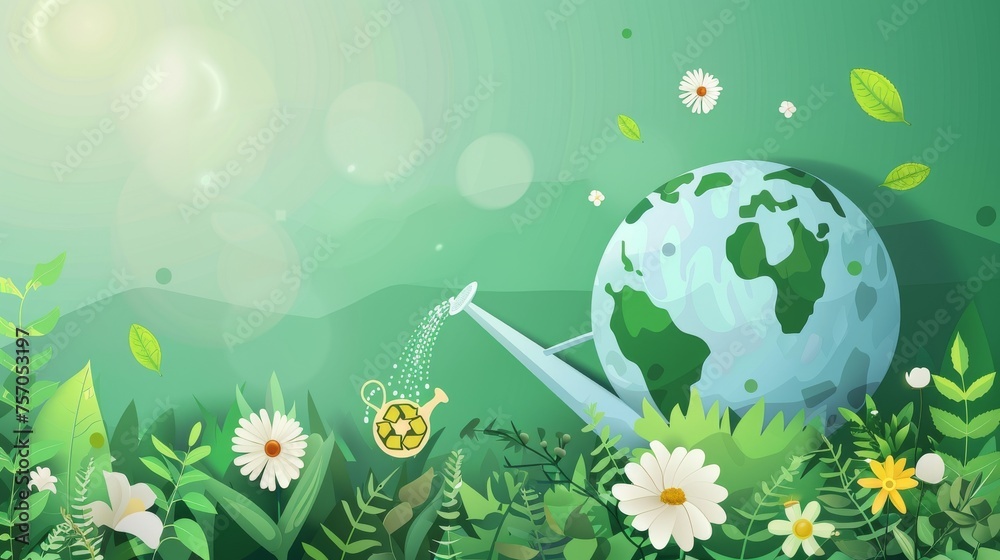 Modern illustration for web, banner, campaign, social media post related to World Environment Day. Save the earth, globe, recycle symbol, watering can.