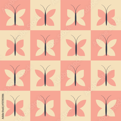 cute white and pink seamless pattern with butterflies arranged in squares