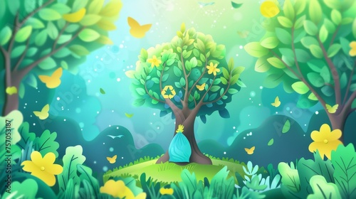 Modern background design for World Environment Day. Save the earth  recycle symbol  garbage bag  tree groovy style. Eco-friendly illustration design for web  banner  campaign  social media posts.