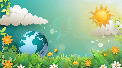 Environment day concept background modern. Save the earth  globe  recycling symbol  sun  flower  cloud. Eco-friendly illustration design for web  banner  campaign  social media post.