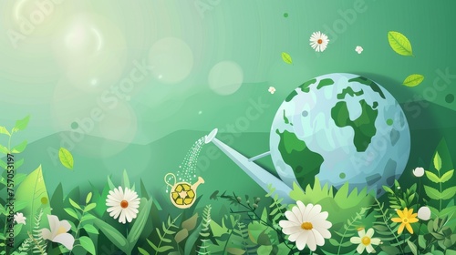 Modern illustration for web, banner, campaign, social media post related to World Environment Day. Save the earth, globe, recycle symbol, watering can.