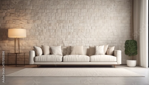 
A modern living room in a Mediterranean-style home features a white sofa adorned with beige pillows, positioned near a window with a view, against a backdrop of a stone-clad wall.