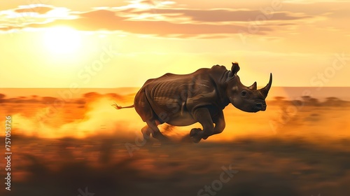 Majestic rhino sprinting at sunset, african wildlife in motion against a fiery sky. dynamic, powerful image suitable for diverse uses. AI